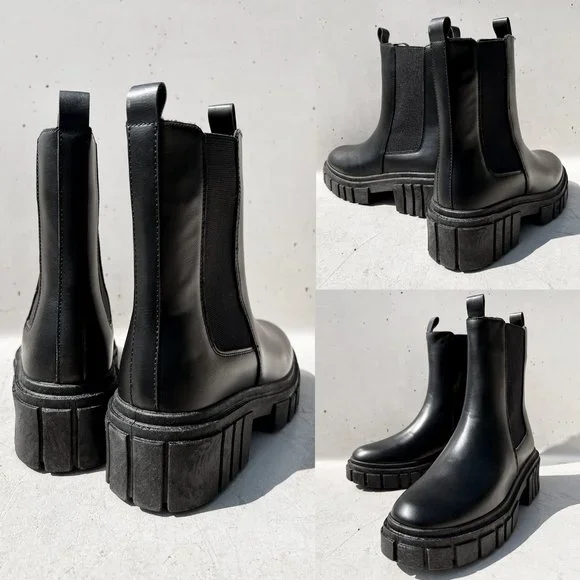 NEW Black Lug Sole Chunky Platform Elastic Ankle Block Heel Chelsea Boot Booties - Picture 5 of 12